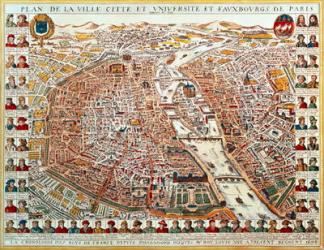 Plan of Paris, bordered by a chronological series of portraits of the kings of France from Pharamond to Louis XIV, 1698 (hand-coloured engraving) | Obraz na stenu