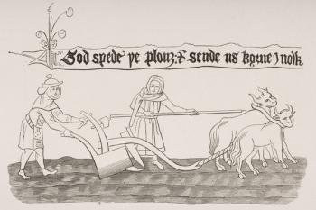 Man and Woman Ploughing a Field, after a miniature from an Anglo-Saxon manuscript, from 'Le Moyen Age et La Renaissance' by Paul Lacroix (1806-84) published 1847 (litho) | Obraz na stenu