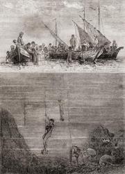 Pearl divers off the coast of the Island of Ceylon in the 18th century, from 'Les Merveilles de la Science', published c.1870 (engraving) | Obraz na stenu