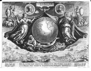 Discovery of America with portraits of Amerigo Vespucci (1454-1512) and Christopher Columbus (1451-1506) engraved by Jan Collaert (1566-1628) printed by Philipp Galle (1537-1612) c.1600 (engraving) (b/w photo) | Obraz na stenu