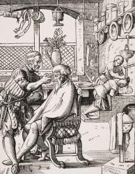 Barber, reproduction of a woodcut by Jost Amman (1539-91) from 'Le Moyen Age et La Renaissance' by Paul Lacroix (1806-84) published 1847 (litho) | Obraz na stenu