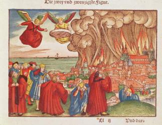 Revelation 18: Babylon burning, 1st edition, from the Luther Bible, c.1530 (coloured woodcut) | Obraz na stenu