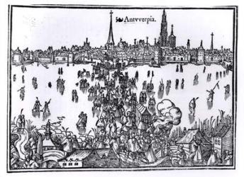 View of Antwerp (woodcut) (b/w photo) | Obraz na stenu
