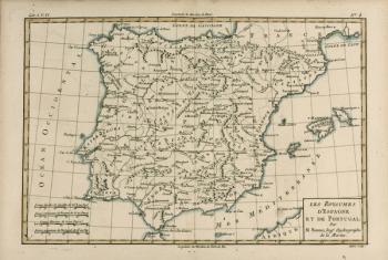 Spain and Portugal, from 'Atlas de Toutes les Parties Connues du Globe Terrestre' by Guillaume Raynal (1713-96) published Geneva, 1780 (coloured engraving) | Obraz na stenu