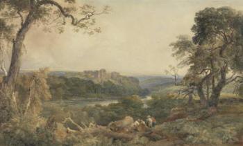 Castle above a River, Woodcutters in the Foreground (w/c on paper) | Obraz na stenu