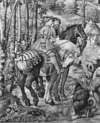 The Hunts of Maximilian, Leo, The Stag Hunt, the Report, Gobelins Factory (tapestry) (b/w photo) | Obraz na stenu