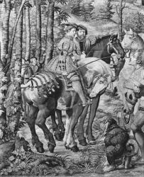 The Hunts of Maximilian, Leo, The Stag Hunt, the Report, Gobelins Factory (tapestry) (b/w photo) | Obraz na stenu