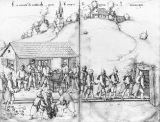 Silver mine of La Croix-aux-Mines, Lorraine, fol.9v and fol.10r, miners and their hammers, c.1530 (pen & ink & w/c on paper) (b/w photo) | Obraz na stenu