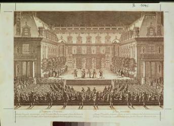 Performance of the opera 'Alceste', performed in the Marble Courtyard at the Chateau de Versailles, engraved by Antoine Le Pautre (1621-91) 1676 (engraving) | Obraz na stenu