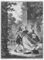 The first kiss of love, volume I, page 37, illustration from 'La Nouvelle Heloise' by Jean-Jacques Rousseau (1712-78) engraved by Noel Le Mire (1724-1800) (engraving) (b/w photo) | Obraz na stenu