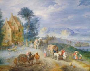 Landscape with peasants, carts and a ferry (oil on copper) | Obraz na stenu