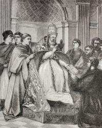 Pope Gregory IX handing the Decretals to an advocate of the Consistory, from 'Military and Religious Life in the Middle Ages' by Paul Lacroix, published London c.1880 (litho) | Obraz na stenu