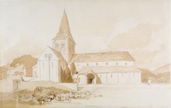 Notre Dame sur l'Eau, Domfront, Normandy, c.1820 (brown wash and graphite on paper) | Obraz na stenu