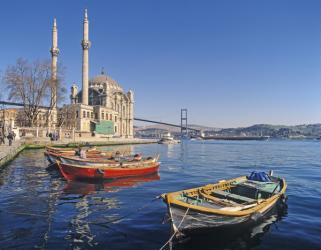 View of the Mosque of Abdulmecid at Ortakoy with the Bosphorous Bridge in the background (photo) | Obraz na stenu