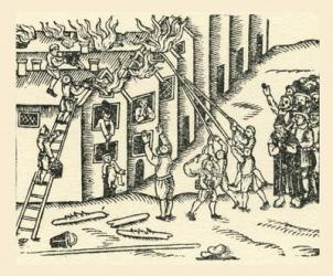 A 16th century fire brigade at work. From a contemporary print. | Obraz na stenu