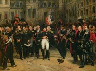 Napoleon I (1769-1821) Bidding Farewell to the Imperial Guard in the Cheval-Blanc Courtyard at the Chateau de Fontainebleau, 20th April 1814, 1825 (oil on canvas) | Obraz na stenu