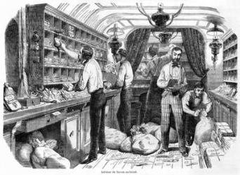 Interior of a French railway postal wagon, illustration from 'Tableaux de Paris' by Edmond Texier, published 1853 (engraving) (b/w photo) | Obraz na stenu