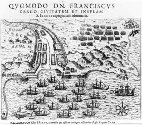 Plan Showing how Francis Drake (c.1540-96) Stormed and Held the Island of San Jacob (engraving) (b/w photo) | Obraz na stenu