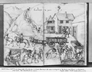 Silver mine of La Croix-aux-Mines, Lorraine, fol.20v and fol.21r, transporting the ore, c.1530 (pen & ink & w/c on paper) (b/w photo) | Obraz na stenu