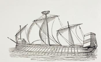 Sixteenth Century Three-Masted Galley with Square Sails, c.1880 (litho) | Obraz na stenu