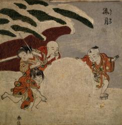 Four boys making a snowball, c.1768 (colour woodblock print) | Obraz na stenu