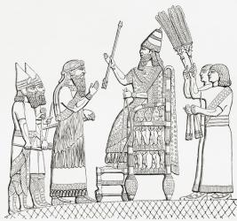 Sennacherib, Assyrian king, on his throne before the city of Lachish (Lakhisha). From The Imperial Bible Dictionary, published 1889. | Obraz na stenu