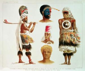 Various Dancing Costumes Worn at Nakello, Fiji, illustration from 'The Voyage of H.M.S. Challenger' (litho) | Obraz na stenu