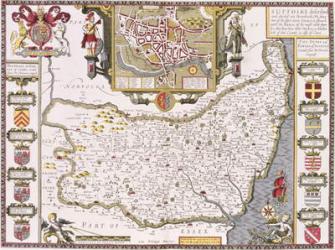 Suffolk and the situation of Ipswich, engraved by Jodocus Hondius (1563-1612) from John Speed's 'Theatre of the Empire of Great Britain', pub. by John Sudbury and George Humble, 1611-12 (hand coloured copper engraving) | Obraz na stenu
