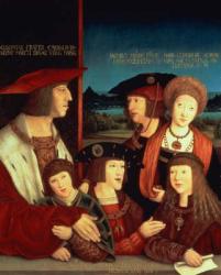 Maximilian I (1459-1519) with his first wife Mary of Burgundy (1457-82) between them their son Philip I Spain and King of Castile (the Fair) (1478-1506), his sons Charles V (1500-58), Ferdinand I (1503-64), with Ludwig II of Hungary (Maximilian's grandson | Obraz na stenu