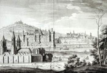 View of the Abbey of Saint-Germain-des-Pres, the Louvre, Petit Bourbon, Montmartre and the Seine in 1410, engraved by Antoine Herisset (1685-1769) (engraving) (b/w photo) | Obraz na stenu
