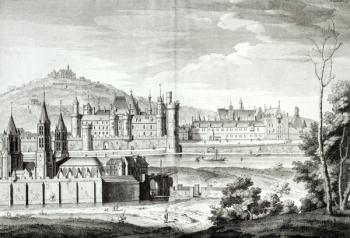 View of the Abbey of Saint-Germain-des-Pres, the Louvre, Petit Bourbon, Montmartre and the Seine in 1410, engraved by Antoine Herisset (1685-1769) (engraving) (b/w photo) | Obraz na stenu