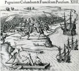 Battle in Jamaica between Christopher Columbus (1451-1506) and Francisco Poraz, 1504, from 'Mewe Welt und Americanische Historien' by Johann Ludwig Gottfried, published by Mattaeus Merian, Frankfurt, 1631 (engraving) | Obraz na stenu