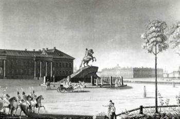View of the statue of Peter the Great in Senate Square, St.Petersburg (engraving) (b/w photo) | Obraz na stenu