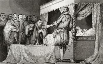 Henri III (1551-89) names Bearnais (1553-1610) as his successor, from 'Histoire de France' by Colart, published c.1840 (engraving) | Obraz na stenu