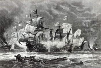 The Vanguard, under Sir William Winter, engaging the Spanish Armada, from 'Leisure Hour', 1888 (engraving) | Obraz na stenu