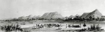 Mountains & Market Canoes near Bokwen, from 'Picturesque Views on the River Niger: sketched during Lander's last visit in 1832-33', lithograph made by Thomas Picken, published 1840 (litho) | Obraz na stenu