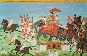 Colonel James Todd travelling by elephant through Rajasthan with his Cavalry and Sepoys (gouache) (see also 82777) | Obraz na stenu