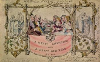 Christmas Card, example of the first known Christmas card being used, 1843 (hand-coloured watercolour on print) (for original design see 14897) | Obraz na stenu