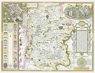 Wiltshire, engraved by Jodocus Hondius (1563-1612) from John Speed's Theatre of the Empire of Great Britain, pub. by John Sudbury and George Humble, 1611-12 (hand coloured copper engraving) | Obraz na stenu
