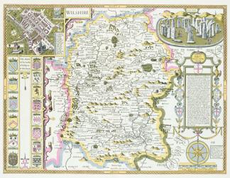 Wiltshire, engraved by Jodocus Hondius (1563-1612) from John Speed's Theatre of the Empire of Great Britain, pub. by John Sudbury and George Humble, 1611-12 (hand coloured copper engraving) | Obraz na stenu