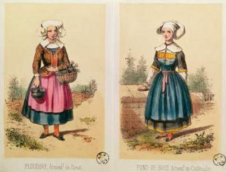 Female costumes from Ploudiry and Pont de Buis, from 'Les Costumes Bretons de Sorrieu' (colour litho) | Obraz na stenu