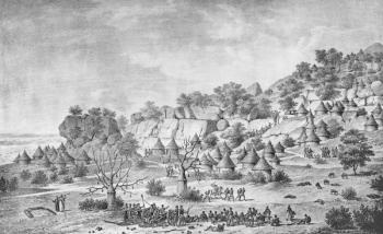 View of the village north of Agady in the Bertat region, from 'Voyage à Meroe: au fleuve Blanc, au-dela de Fazoqldans le midi du royaume de Snnar a Syouah', published 1827 (litho) | Obraz na stenu