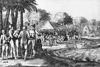 Dutch traders entertain local Polynesians, 1624 (engraving) | Obraz na stenu