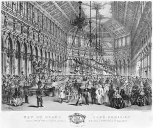 Interior of the 'Grand Cafe Parisien', Paris, 1856 (litho) (b/w photo) | Obraz na stenu