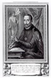 Portrait of Lope Felix de Vega Carpio (1562-1635) engraved by Fernando Selma (1752-1810) (engraving) (b/w photo) | Obraz na stenu