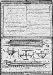 Construction of a galley, fourteenth demonstration, plate 15, illustration from 'Demonstrations de toutes les pieces de bois, cloux et ferremens qui entrent dans la construction d'une galere...' (pencil & w/c on paper) (b/w photo) | Obraz na stenu