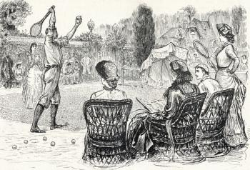 Lawn Tennis in 1883, engraved from the original drawing in Punch Magazine, from 'The Century Illustrated Monthly Magazine', May to October, 1883 (engraving) | Obraz na stenu