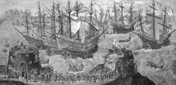 The Embarkation of Henry VIII (1491-1547) at Dover, May 31st 1520, Preparatory to his Interview with the French king Francis I (1494-1547) pub. in 1781, engraved by James Basire (engraving) (b&w photo) | Obraz na stenu