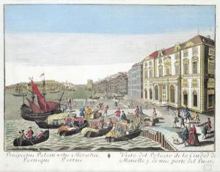 Perspective view of the Town Hall and part of the harbour at Marseille, c.1770 (coloured engraving) | Obraz na stenu