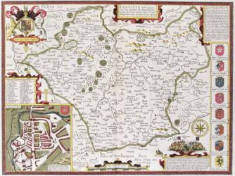 Leicester, engraved by Jodocus Hondius (1563-1612) from John Speed's 'Theatre of the Empire of Great Britain', pub. by John Sudbury and George Humble, 1611-12 (hand coloured copper engraving) | Obraz na stenu
